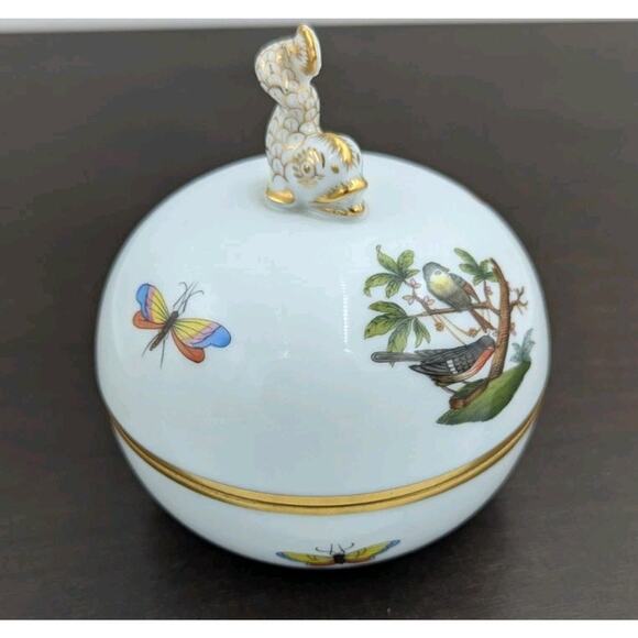 Herend Dolphin Finial Knob Bonbon Trinket Box Birds Butterflies Hungary